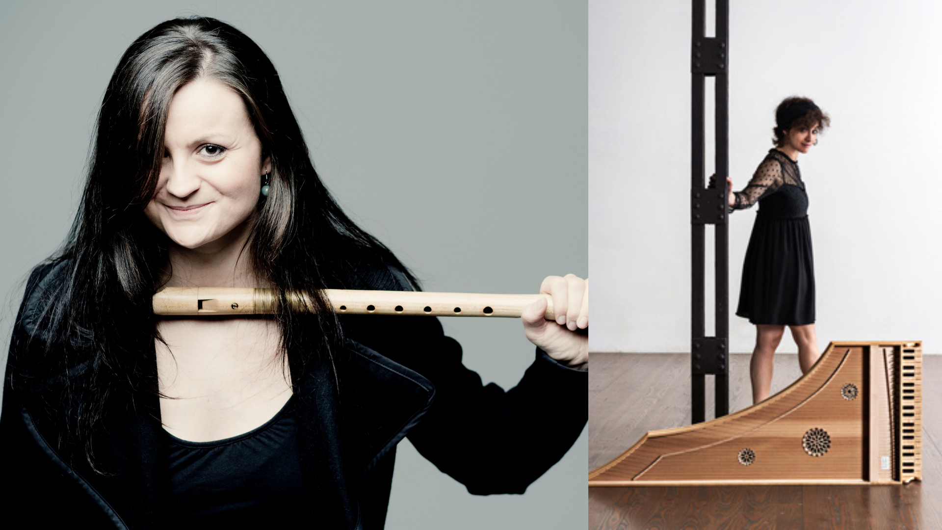 Musicians Anna Stegman and Corina Marti posing with their respective instruments (recorder and harpsichord)